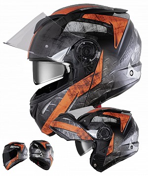 Black Optimus 908 Ii Xszm Orange Flip Front Matt Black Openable Motorcycle Helmet